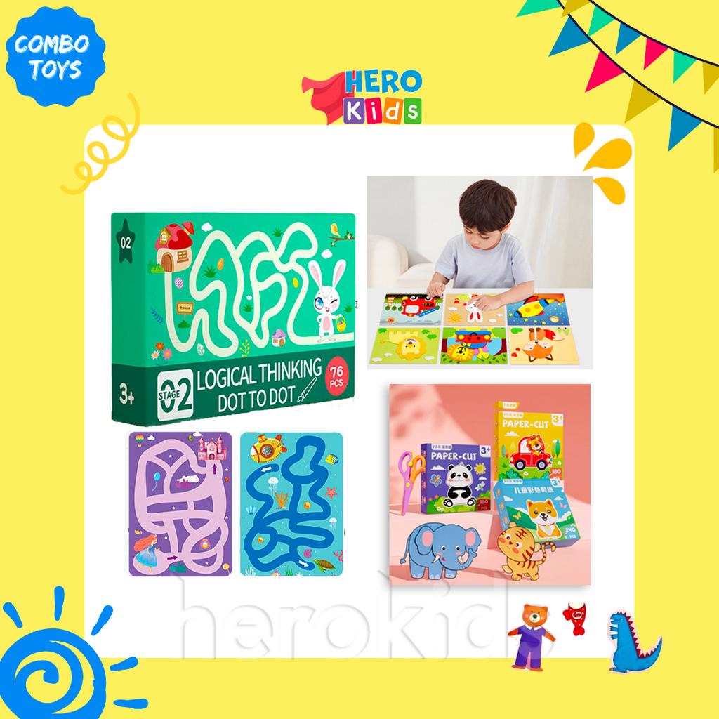 Combo Học Liệu Montessori gồm Tập Tô Vẽ Thông Minh, Cắt giấy thủ công, Học liệu bóc dán cho bé