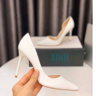 Giày cao gót khoét eo trắng đen nude da bóng cao 7-9-10p