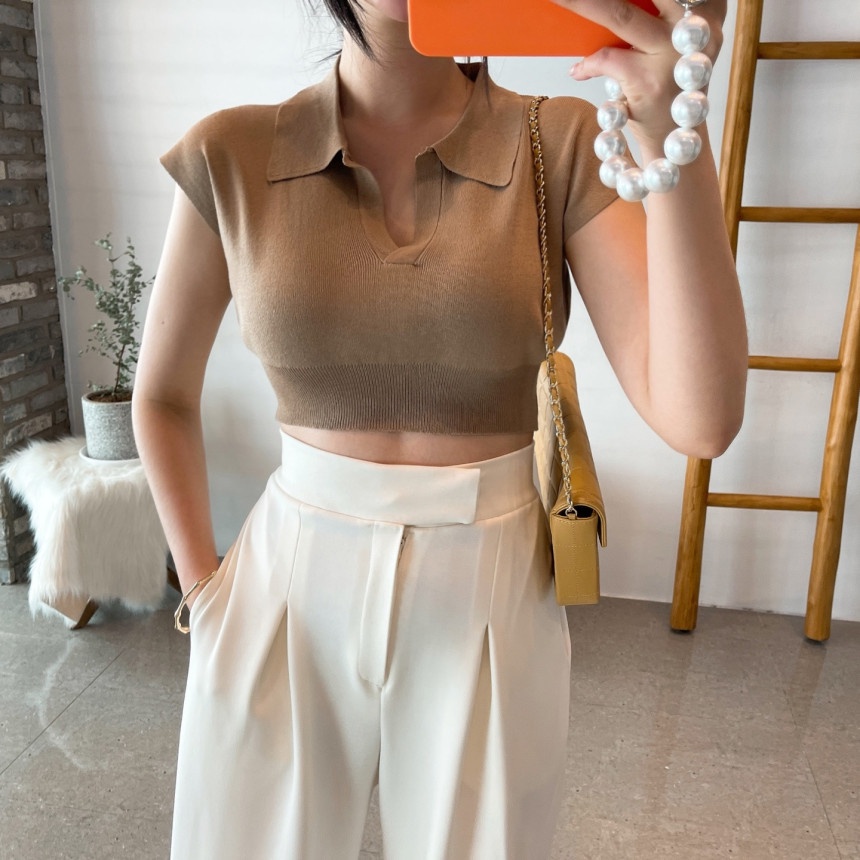 DUNEA Áo Thun Dệt Kim Cổ Bẻ Đơn Giản 3.3 Thời Trang Cho Nữ