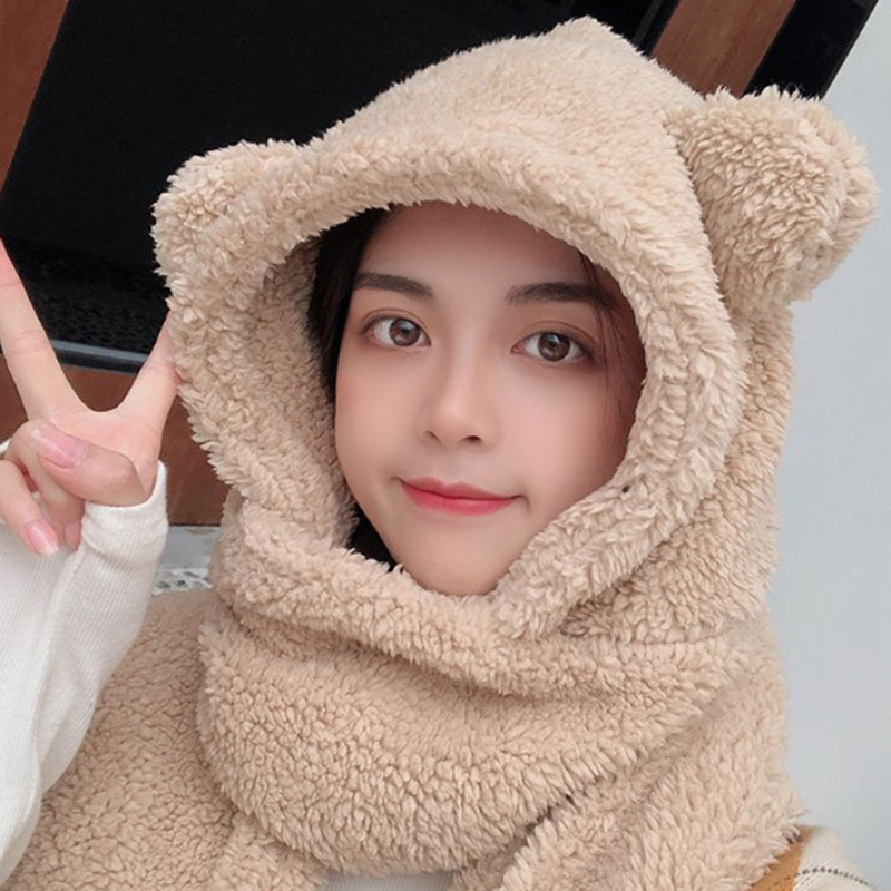 Mũ len phối khăn choàng bằng lông nhung giữ ấm bảo vệ vào mùa thu và đông