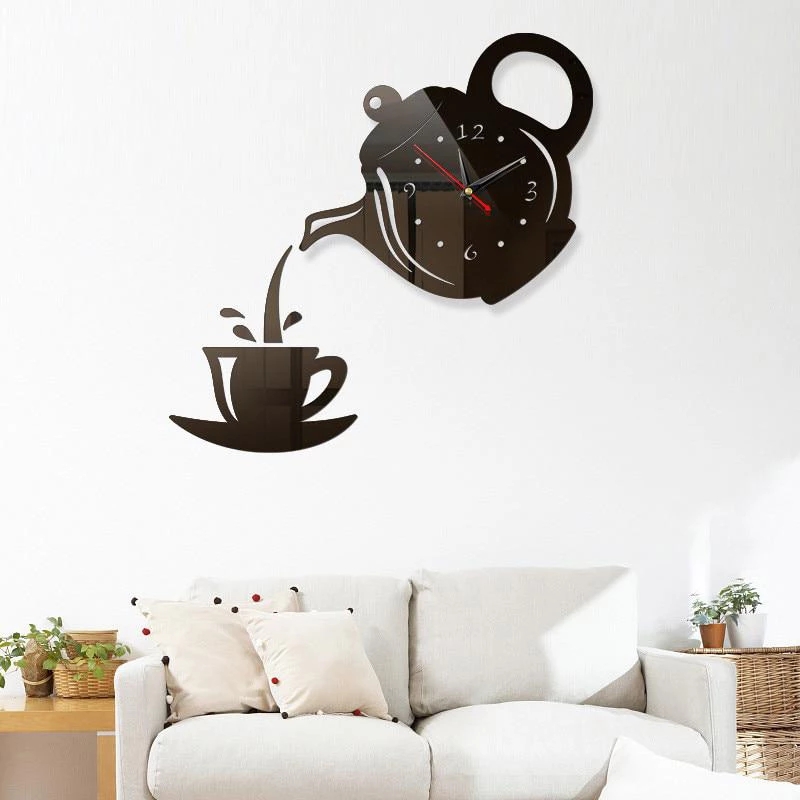 3D DIY Teapot Cup Wall Acrylic Clock Mirror Sticker/Self-adhesive Modern Design Hanging Room Teahouse Decor Clock