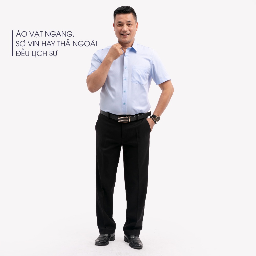 Áo Sơ Mi Nam Ngắn Tay Trung Niên ANCHI Màu Xanh Nhạt Trơn Vải Sợi Tre Cao Cấp
