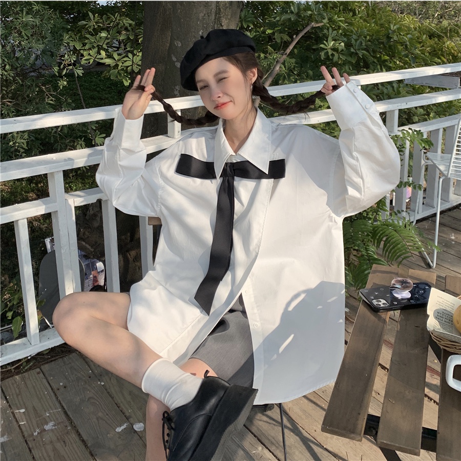 Áo Sơ Mi Tay Dài Dáng Rộng Cổ Thắt Nơ Thời Trang Cho Nữ