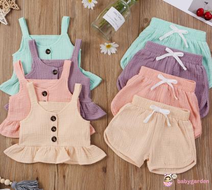 Bộ Áo Trễ Vai Màu Trơn + Quần Short Cho Bé Gái