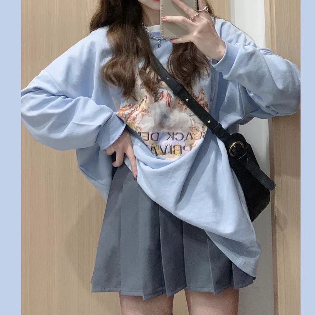 Set áo tay dài dáng rộng và chân váy xếp ly xinh xắn cho nữ (Có bán lẻ)