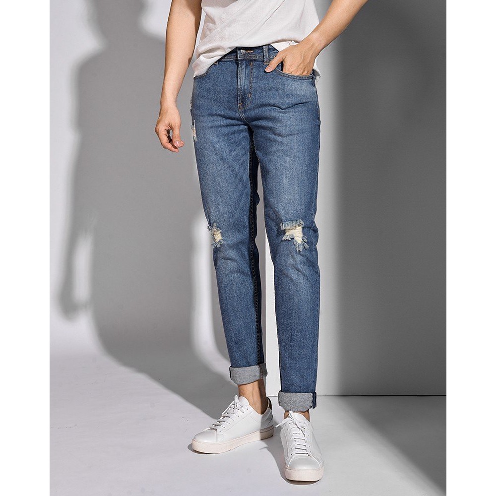 Quần jeans ROUTINE - Quần jean nam màu xanh đậm rách vải mềm đẹp slim fit - DPA048 Shop LASTORE