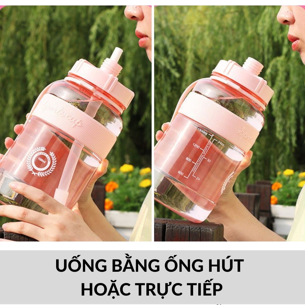 Bình nước cỡ lớn chia vạch 1.000ml (Hàng chuẩn có Dây đeo và Ống hút) KM22044