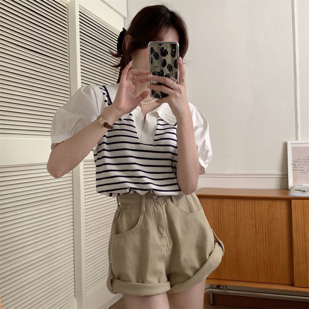 Áo Thun polo Giả Hai Lớp Tay Phồng Họa Tiết Kẻ Sọc Dành Cho Nữ JL-TX-513