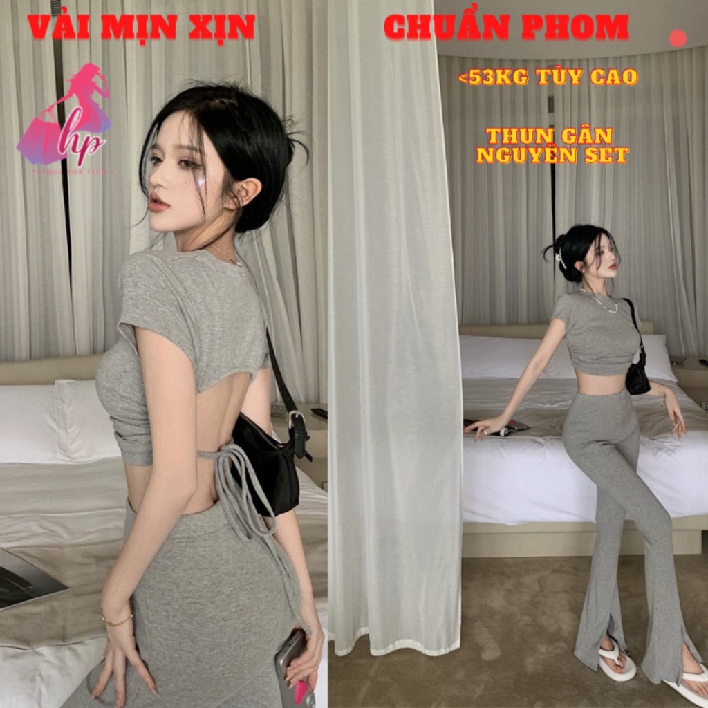 Set đồ nữ sang chảnh bộ áo croptop hở lưng dây rút kèm quần dài xẻ thun gân kiểu hàn quốc sang chảnh mã VD173