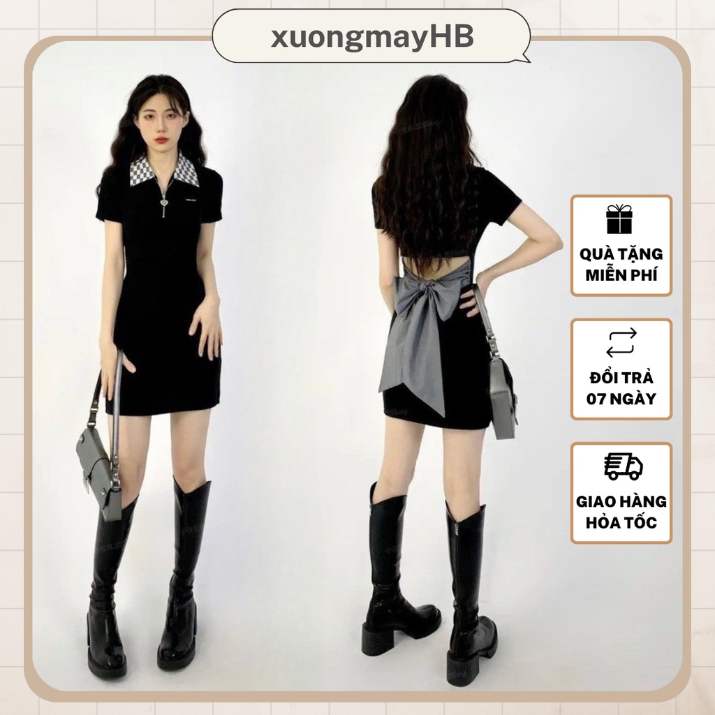 Đầm cổ Polo chiết eo cao phối Nơ màu xám HB kiểu Hàn Quốc xinh xắn cho Nữ D105