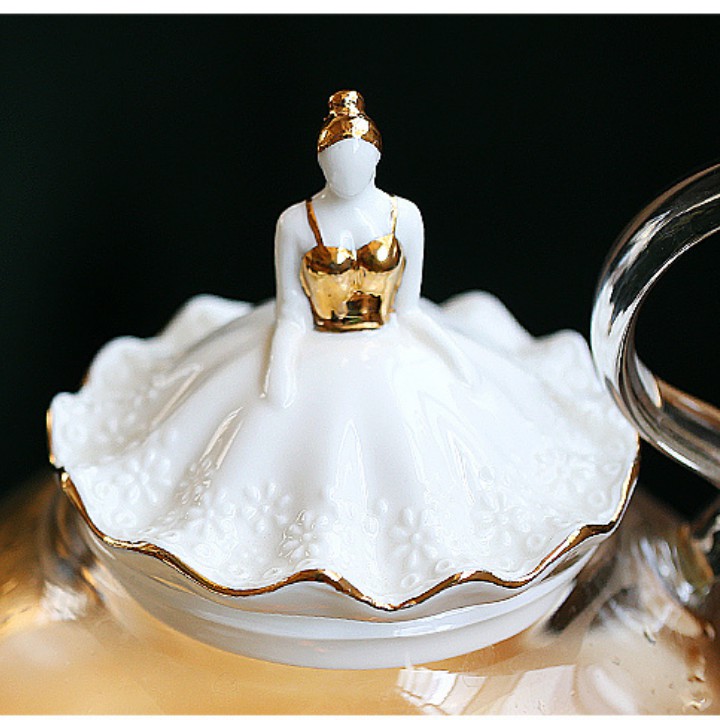 Bộ ấm trà thủy tinh ✅Cao Cấp✅ màu trắng 15 món 1 ấm 1 giá treo cốc mạ vàng 6 đĩa 6 chén 1 để nến sứ