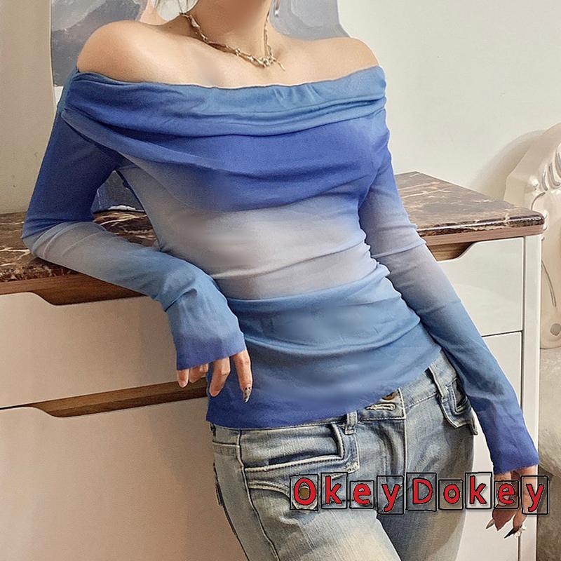 Áo Thun Tay Dài Trễ Vai Phối Lưới Nhuộm Màu Thời Trang Đường Phố Cho Nữ ODokey