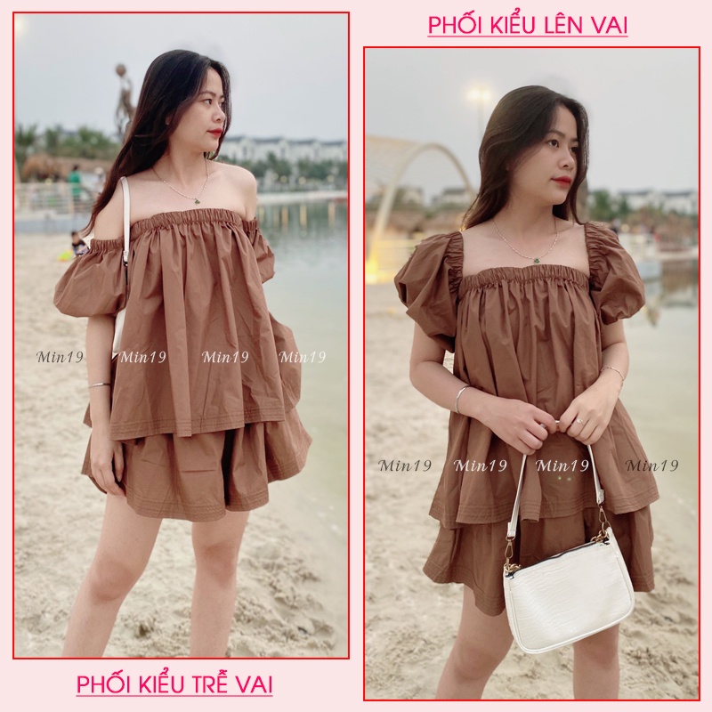 Sét Đồ Nữ MIN19 Bộ Jumpsuit Nữ Tiểu Thư Đi Biển Sang Chảnh Gồm Áo 2 Dây Bigsize Và Quần Short Cá Tính Màu Xanh Nâu Hồng