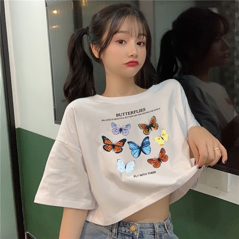 Áo croptop, áo kiểu croptop from rộng tay lỡ chất cotton mát mịn in hình bướm xinh