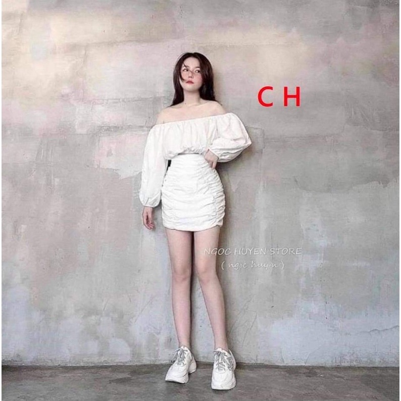 Set áo trễ vai tay bồng + chân váy đuôi cáChất thô lụa bánh bèo Vintage tiểu thư☘️ Phong cách Hàn Quốc