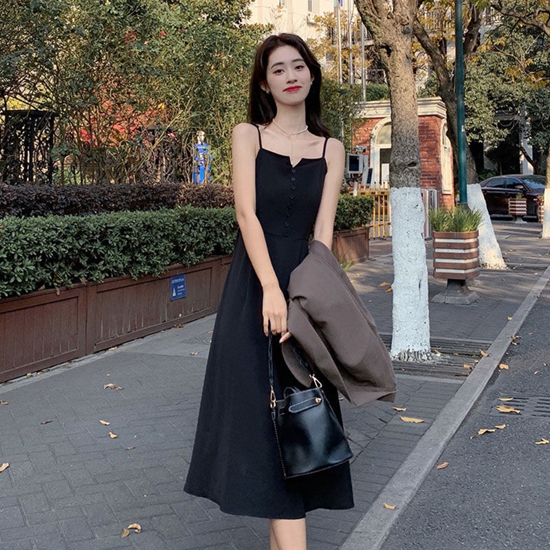 Đầm Hai Dây Màu Đen Phong Cách Hàn Quốc Cổ Điển Thời Trang Cho Nữ