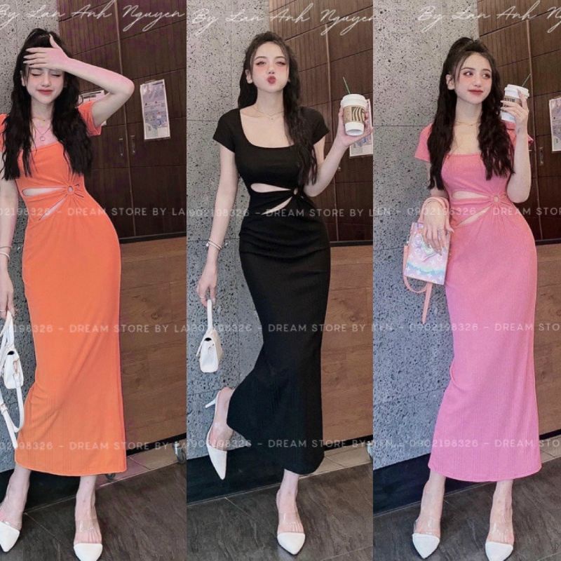 Đầm Thun Eo Khoen Khoét Hở Hình Bông Hoa - Cổ Vuông Tay Ngắn - Dáng Dài Maxi Form Ôm Body Sexy
