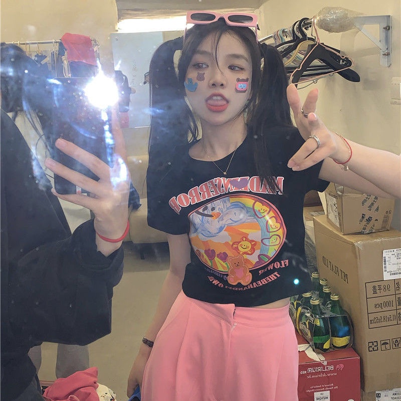 COZOK Áo Thun Tay Ngắn Hở Eo Form Ôm In Họa Tiết Thời Trang