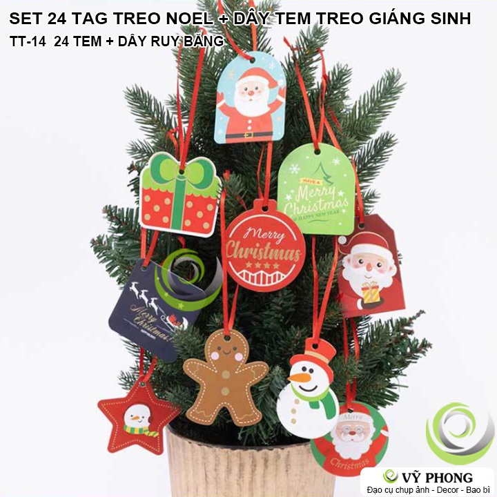 SET 24 TAG TREO + DÂY RUY BĂNG TRANG TRÍ CÂY THÔNG NOEL TEM TREO DECOR GIÁNG SINH IN HÌNH CHRISTMAS NOEN TT-14