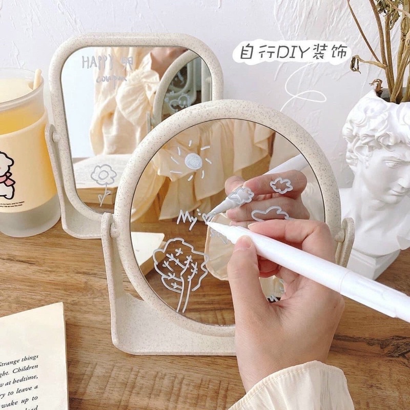 Gương trang điểm lúa mạch để bàn 2 mặt gương xoay 360 độ decor phong cách Hàn Quốc vintage phóng to