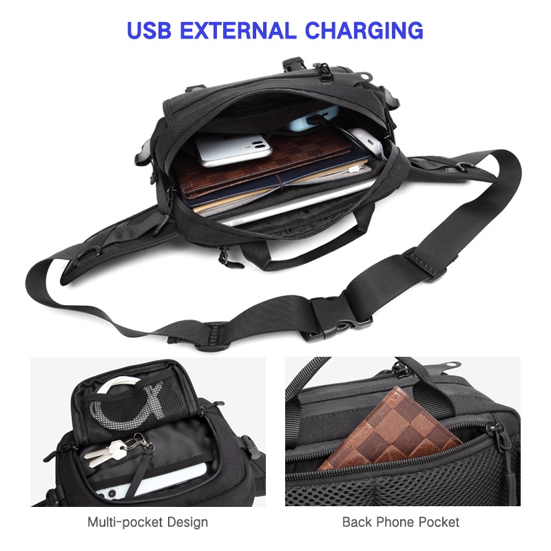 Túi đeo hông OZUKO 9451 chống nước có cổng sạc USB đa năng