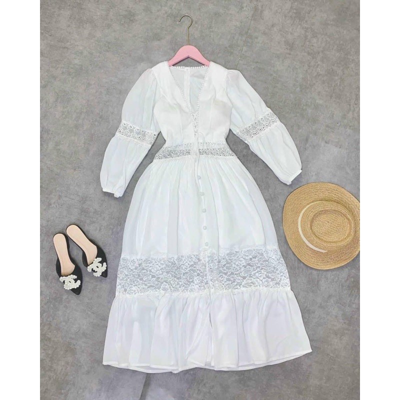 Đầm maxi trắng phối ren