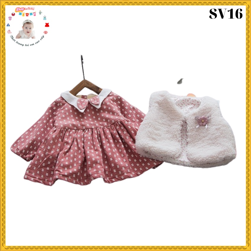 Váy mùa đông bé gái -Váy lót lông họa tiết thỏ kèm áo gile lông size 9-17kg SV16