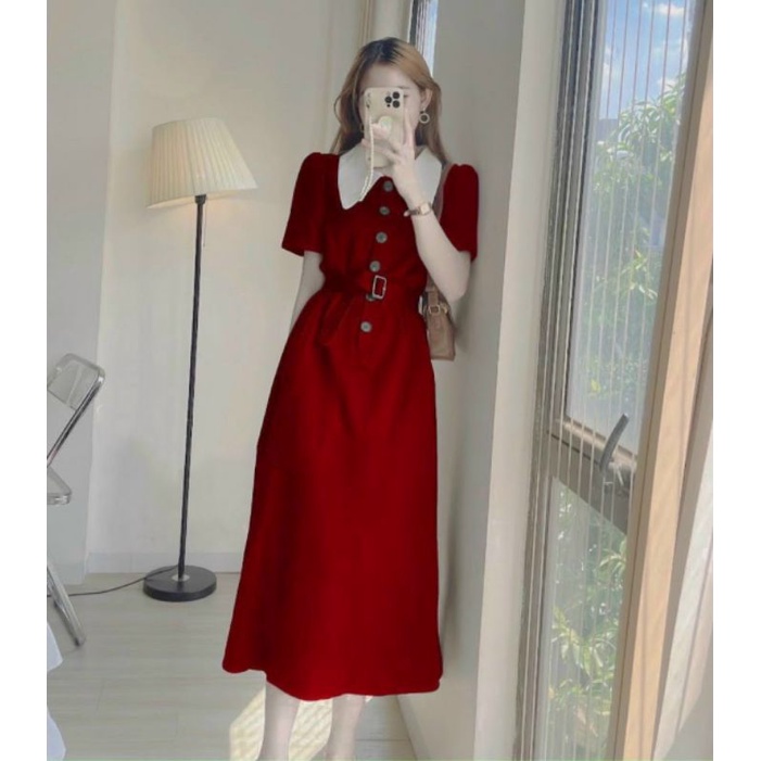 ĐẦM MIDI ĐỎ CỔ PETER TRẮNG KÈM THẮT EO❤️