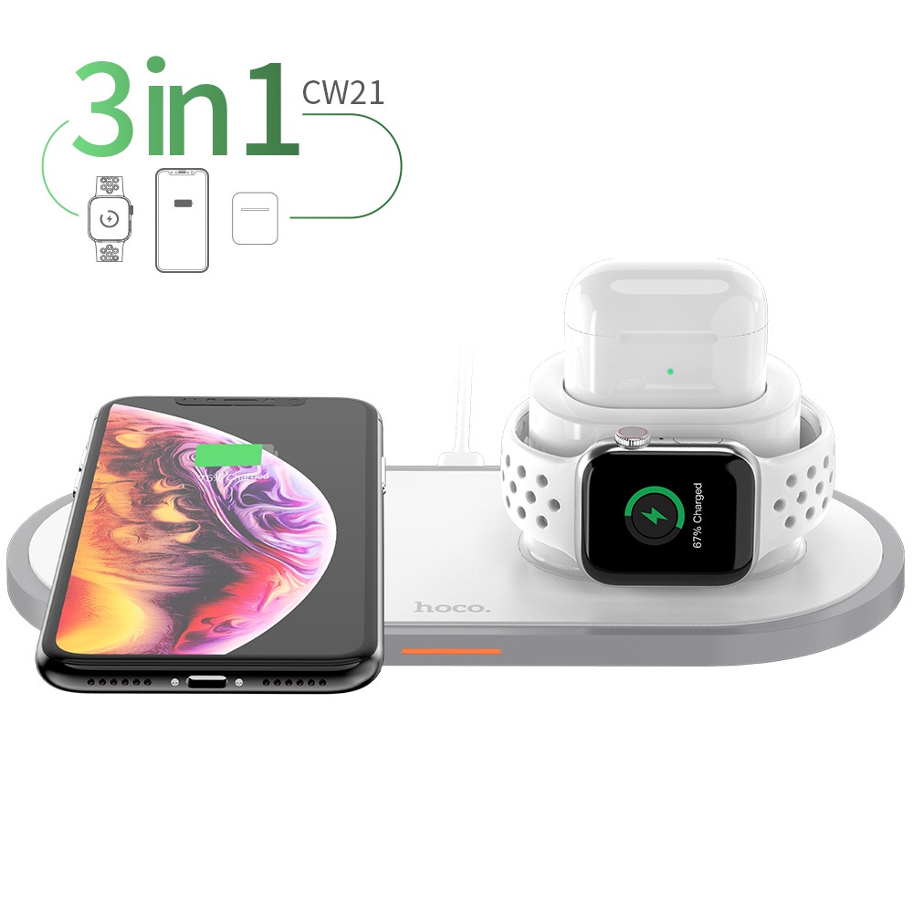 Đế sạc nhanh HOCO. CW21 Qi không dây 3 trong 1 10W thích hợp cho iPhone 11 Pro X XS Max XR 4 3 2 Samsung S10