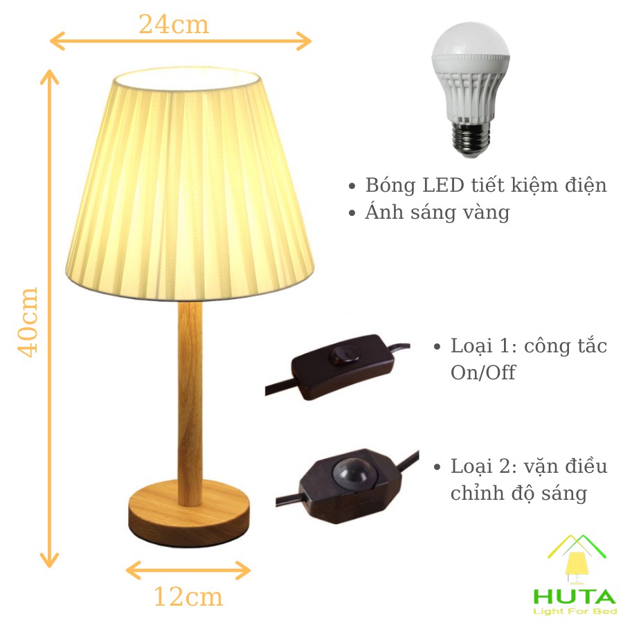 Đèn Ngủ Gỗ Đẻ Bàn Vintage, Tăng Giảm Độ Sáng, Led Vàng Ấm, Chao Vải Xếp Ly, Dùng Decor Phòng Ngủ,Phòng Khách, Mã G4-HUTA