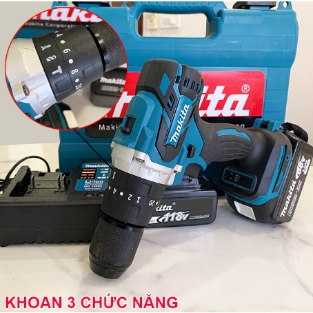 Máy Khoan Pin Makita 3 chức năng, khoan bắn vít siết ốc, có chế độ búa