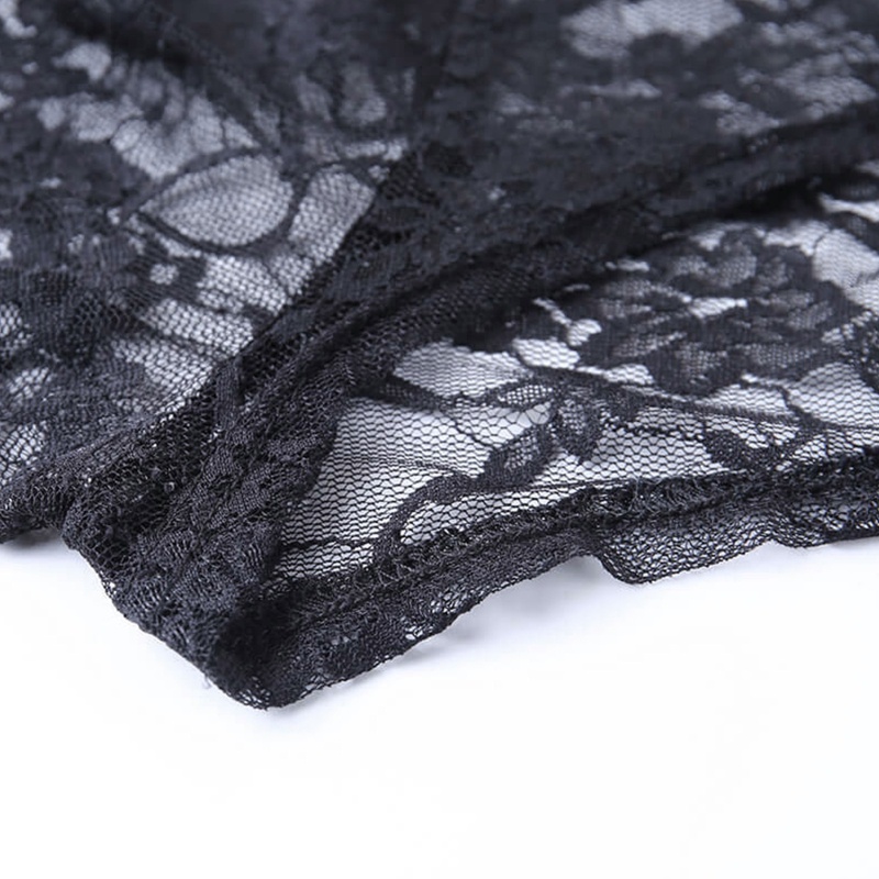 Áo Ren Hoa Tay Loe Dài Cổ Đứng Phối Bèo Xuyên Thấu Gợi Cảm Cho Nữ