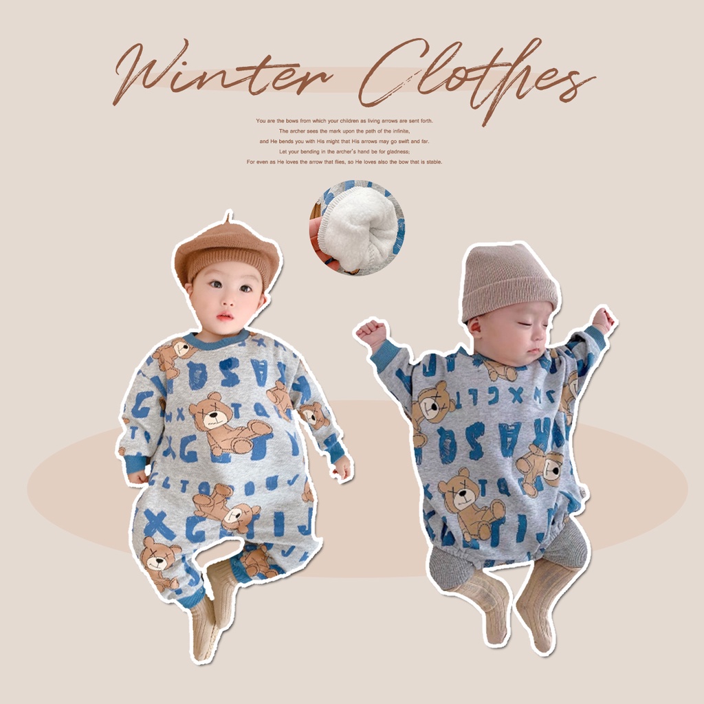 Bộ áo liền quần tay dài in hình gấu dễ thương thời trang mùa đông cho bé