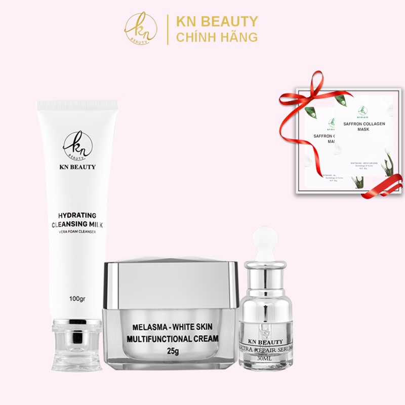 KN Beauty - Combo 3 bước Ngừa Nám Trắng Da: Kem dưỡng + Serum + Sữa rửa mặt tặng 02 mặt nạ Safron