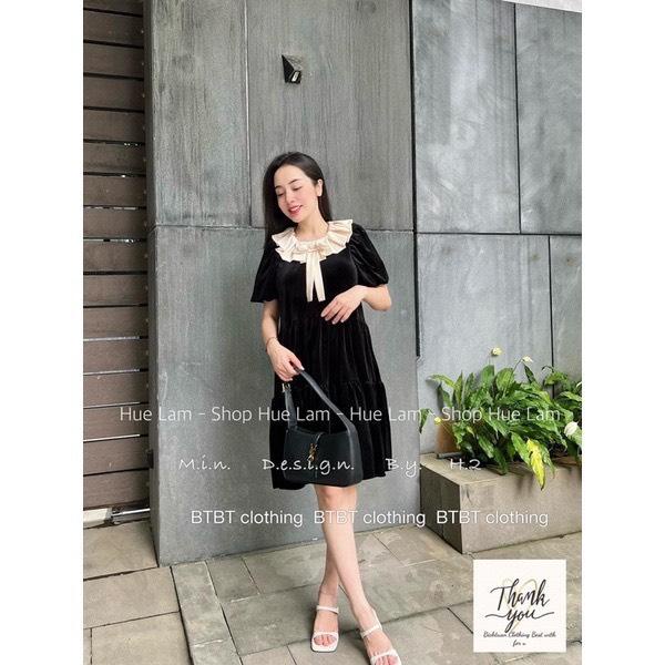 ✨BÁN SỈ✨Đầm NHUNG SUÔNG CỔ BÈO ĐÍNH NƠ ĐÁ