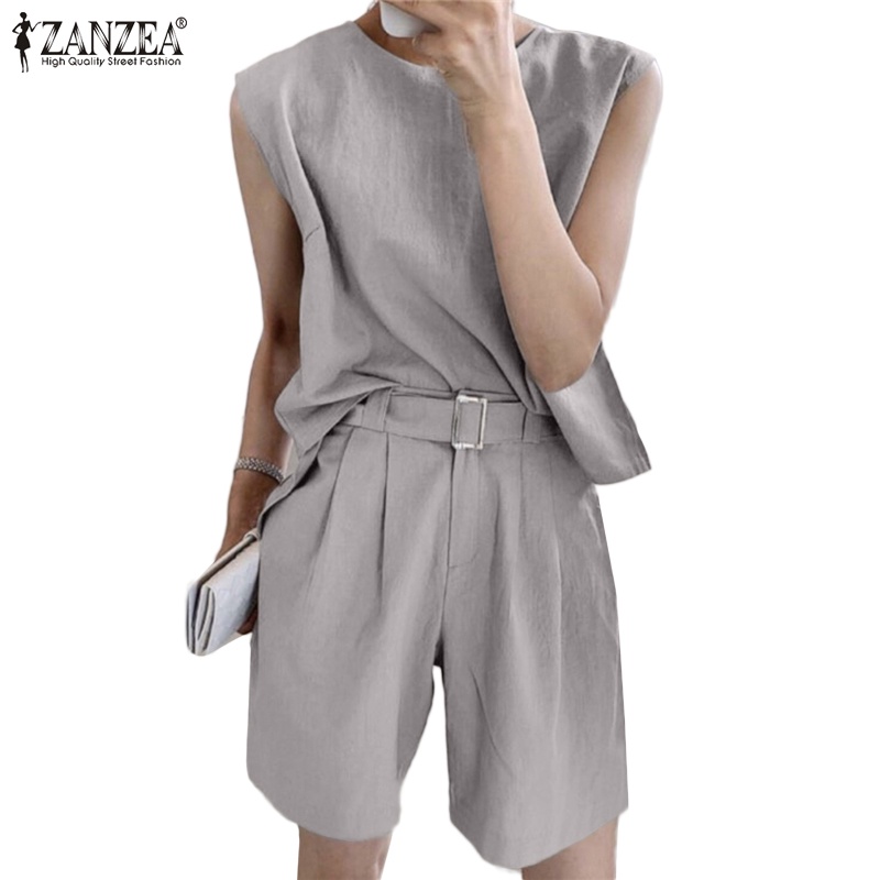 Set áo sát nách Zanzea cổ tròn + quần short lưng thun thời trang Hàn Quốc cho nữ