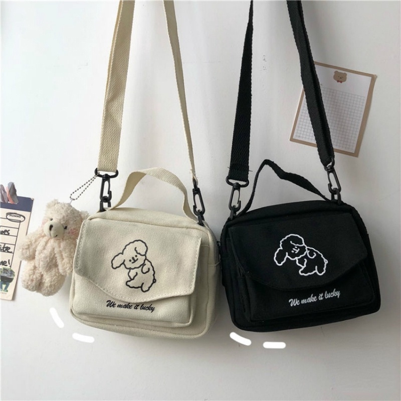 Túi đeo chéo vải canvas thêu hình chú cún đáng yêu phong cách Harajuku Nhật Bản cho nữ