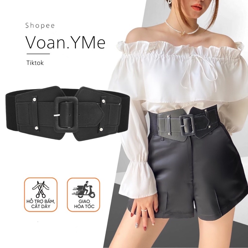 Đai váy bản to thun mặt vuông đen dạng gài lỗ phối đầm, vest cá tính bản to 7.5cm - Voan YMe