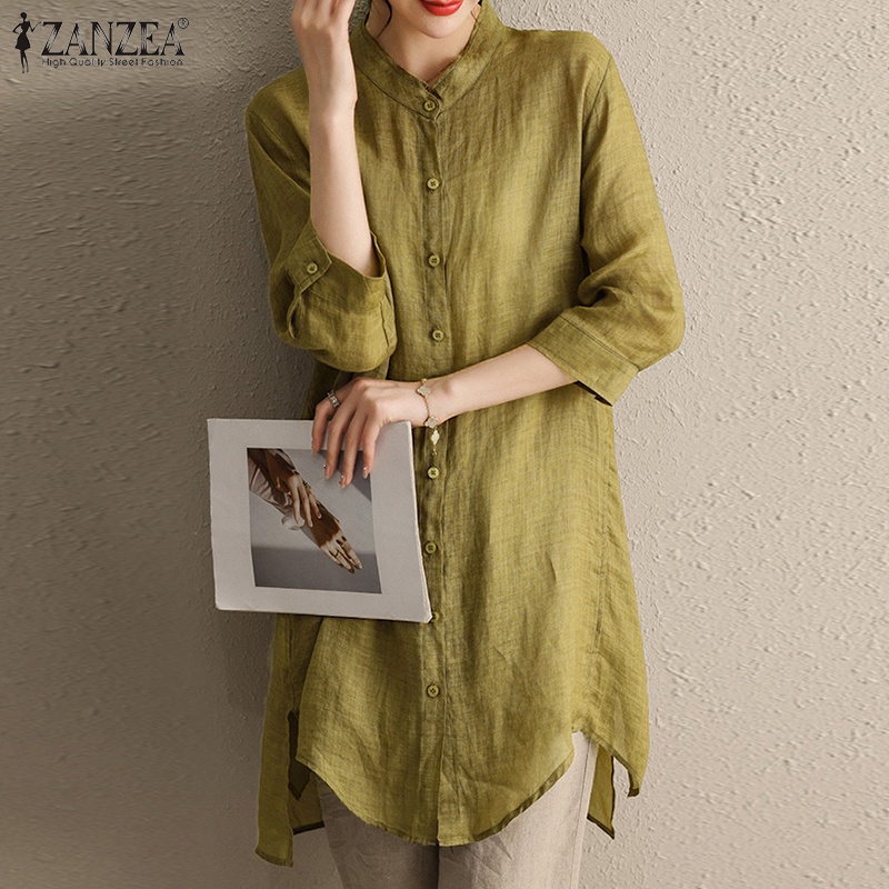 Áo sơ mi Zanzea tay 3/4 cổ đứng thiết kế xẻ tà thời trang cho nữ