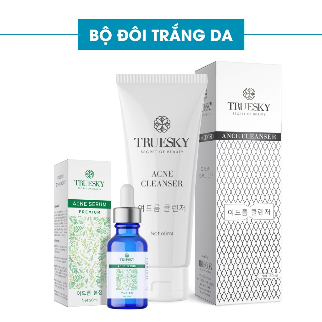 Bộ sản phẩm Truesky Premium gồm 1 serum tràm trà 20ml + 1 sữa rửa mặ 60ml.