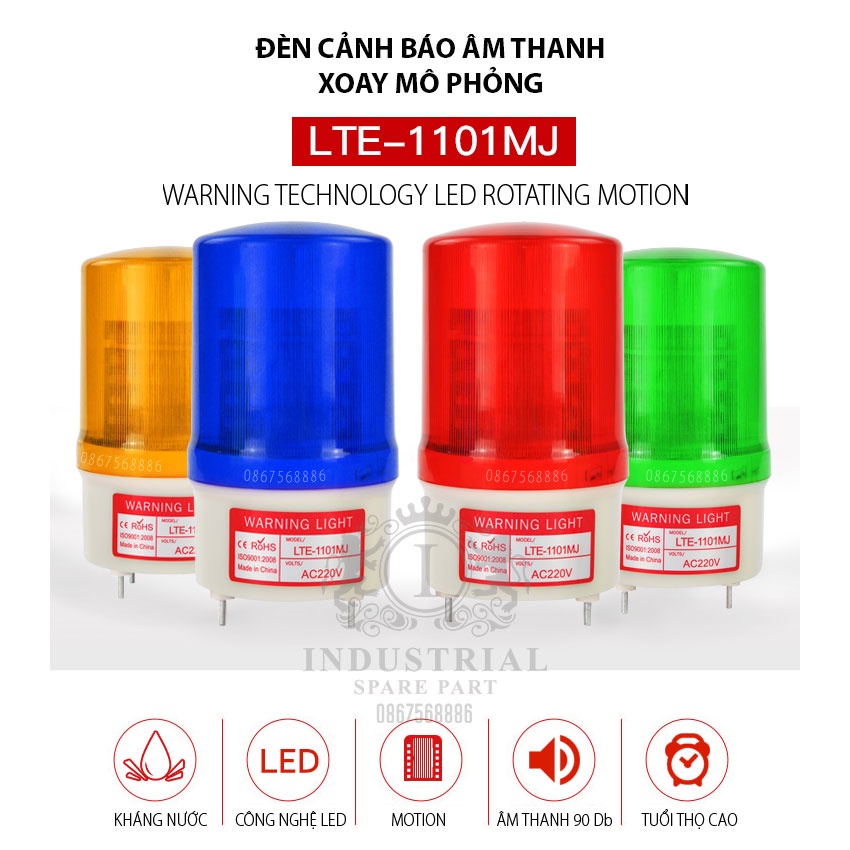 Đèn cảnh báo Xoay Có còi 48V LTE-1101MJ, 4 màu Đỏ, Xanh dương, Xanh Lá, Vàng, đèn cảnh báo công trình, gắn xe