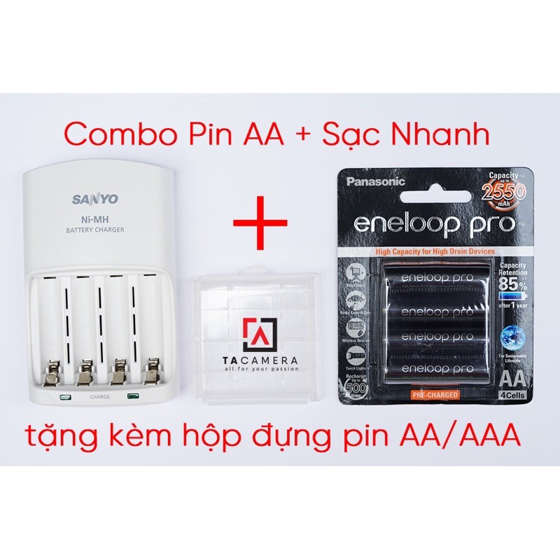 Combo Pin AA Eneloop Đen + Sạc Nhanh Sanyo