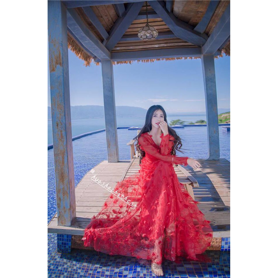 Đầm Maxi Dạ Hội Thêu Đính Hao 4D Cực Yêu, 2 màu trắng, đỏ