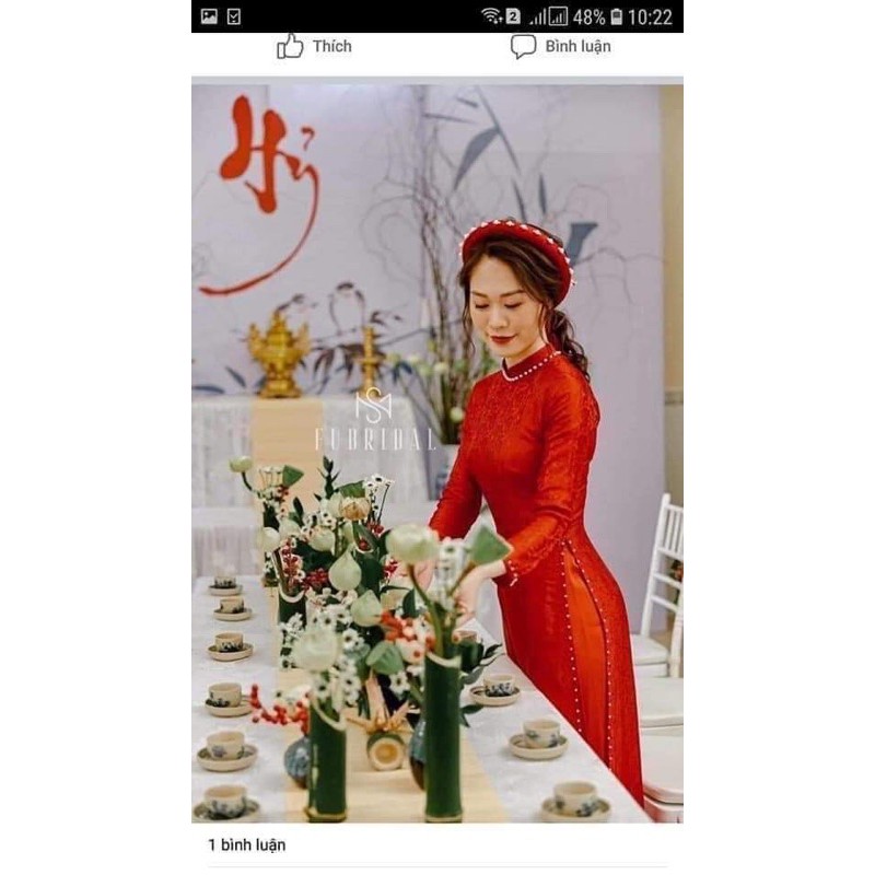 áo dài gấm đỏ kèm quần và mấn