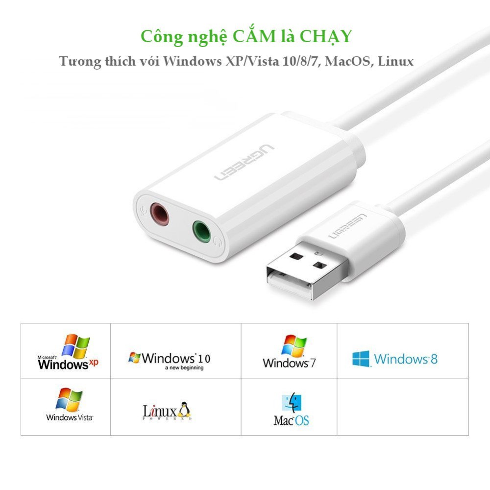 Dây USB 2.0 UGREEN US205 mở rộng sang đồng thời 2 cổng 3.5mm cho tai nghe + mic (DISABLE)