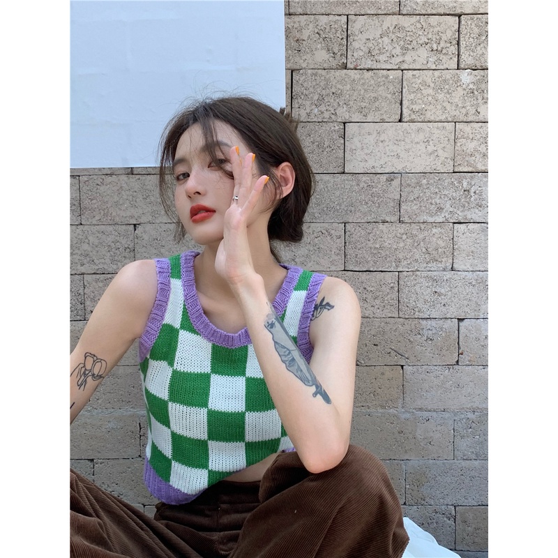 Áo Croptop Dệt Kim Không Tay Kẻ Sọc Ca Rô Phong Cách Retro Hàn Quốc Thời Trang Cho Nữ | BigBuy360 - bigbuy360.vn