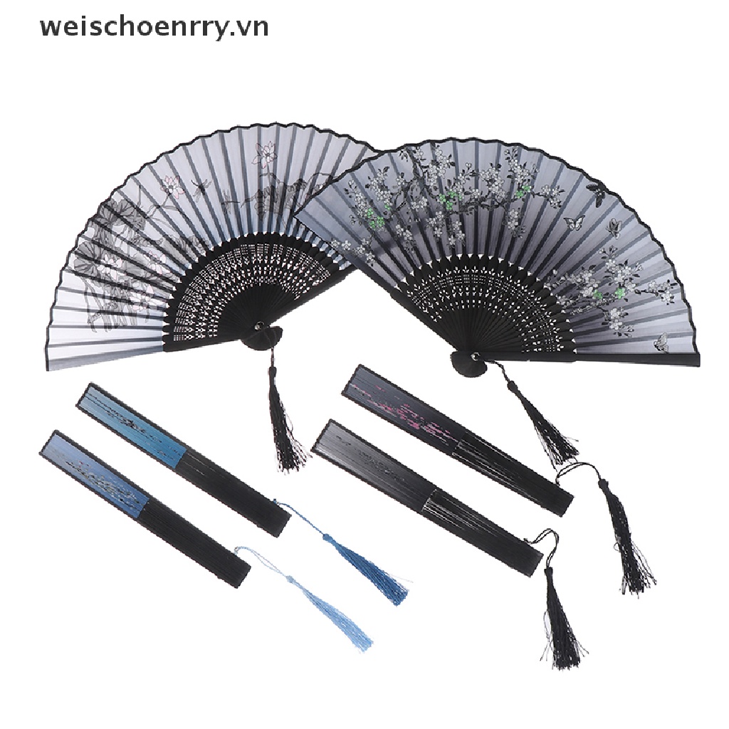 Quạt Xếp Cầm Tay Bằng Tre Và Lụa Họa Tiết Hoa Đào Nhật Bản Ww
