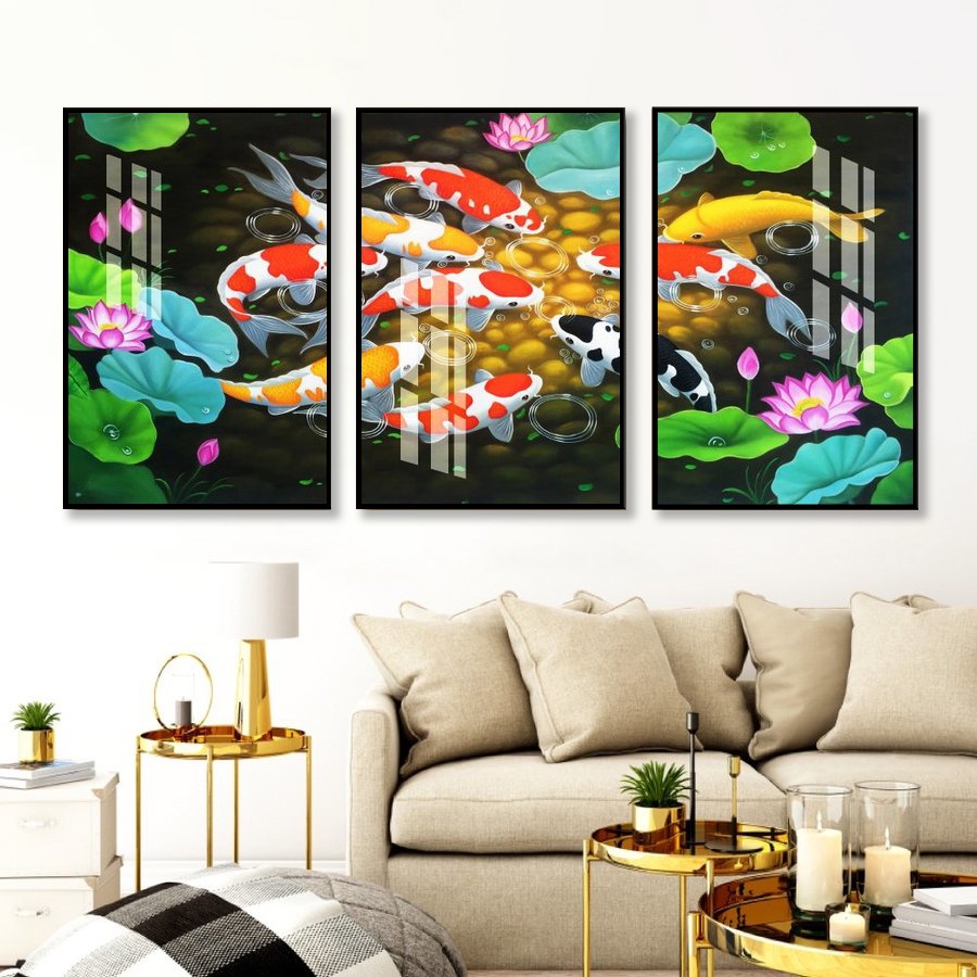 Tranh gỗ tráng gương phong thủy Thế giới quà tặng, chủ để cửu ngư quần hội tặng mừng tân gia hoặc khai trương