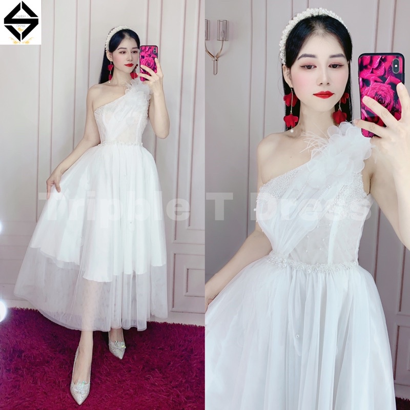 Đầm xoè dự tiệc lệch vai kết cườm và hoa nổi TRIPBLE T DRESS - size M/L - MS149V