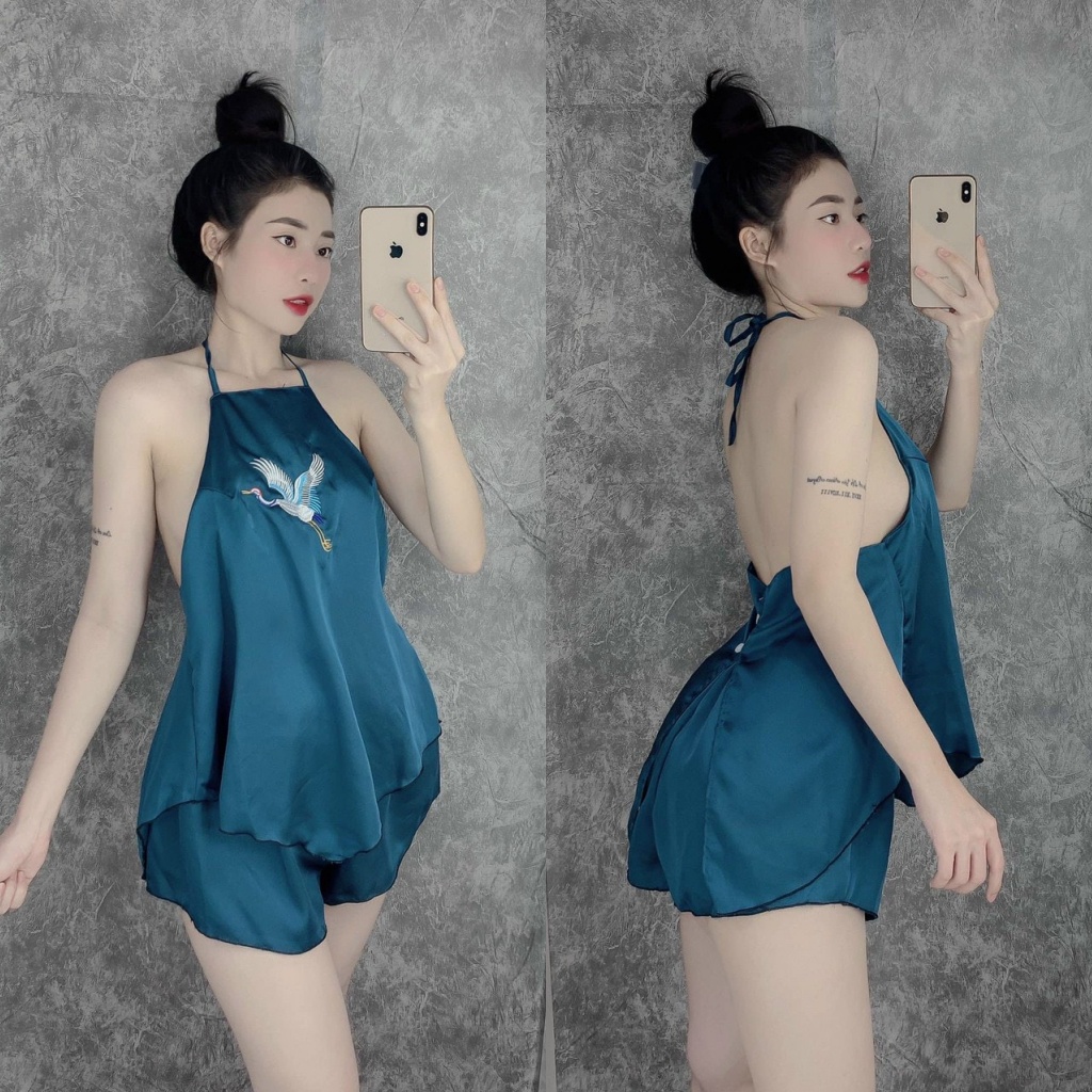 Đồ ngủ sexy yếm 2 dây thêu hạc lụa satin mềm mịn hở lưng Freesize- Linqu Sleepwear